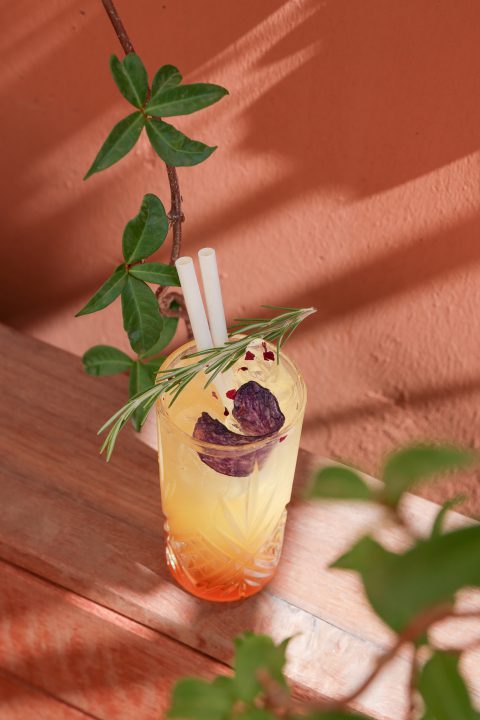 Cocktail tropical avec décoration de fruits et herbes